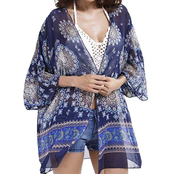 NEW Boho Chiffon Blue Kimono Swim Cover Up - Picture 2 of 5